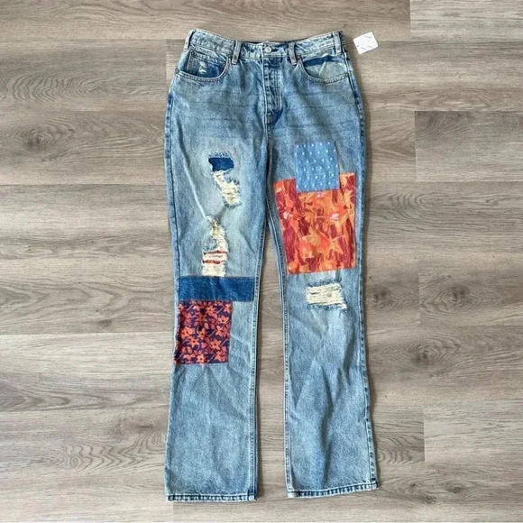 NWT Free People Belladonna Straight Leg Jeans High Rise Denim Patchwork 28 - Picture 1 of 16